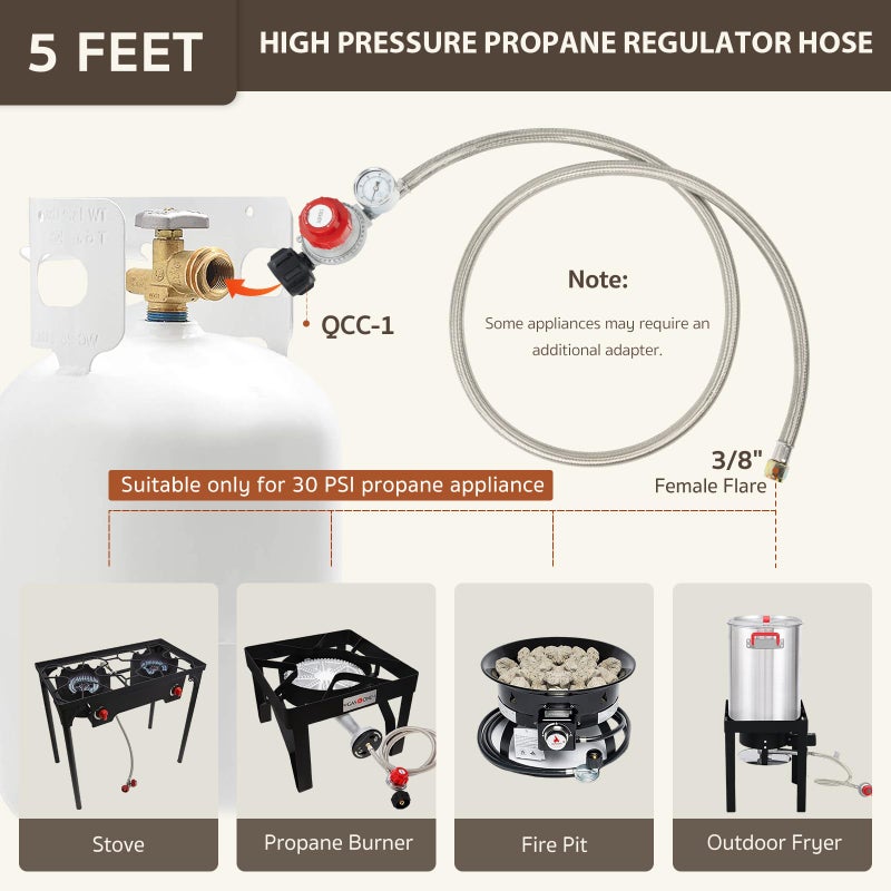 GASPRO 0-30 PSI Adjustable High Pressure Propane Regulator with Gauge, 5-Foot Stainless Braided Hose, Perfect for Turkey Fryer, Gas Burner, Fire Pit - Image 4